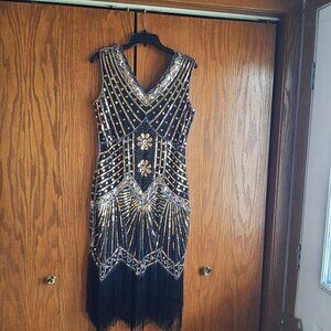 NEW ! 1920s Babeyond Gatsby V Neck Gold Sequin Dress & Accessory Set  Size L